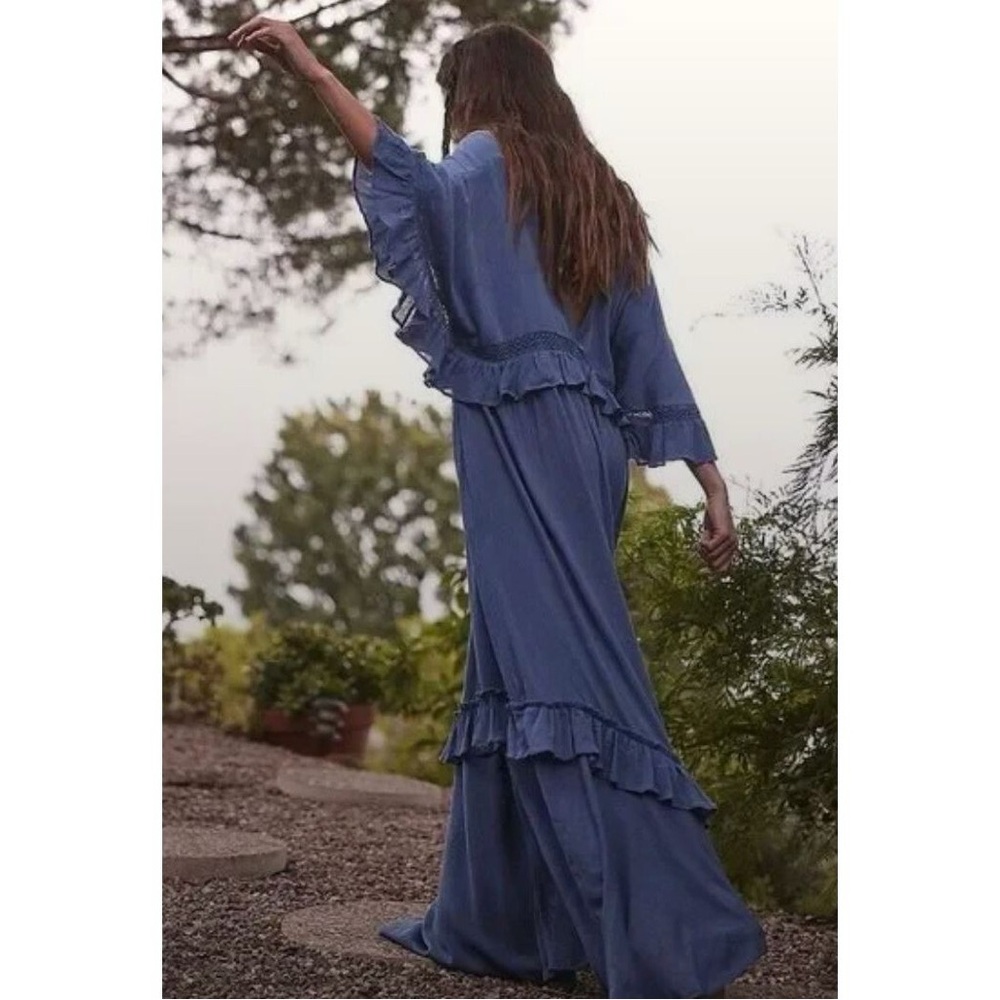 NWT Free People Endless Summer Paradiso Lace-Trimmed Ruffled Blue Stone Dress